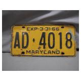 Maryland 1966 License Plate AD 4018