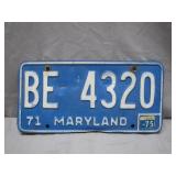 1971 Maryland License Plate BE 4320