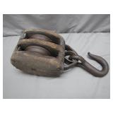 Wood & Iron Double Pulley Block w/ Hook