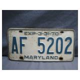 Maryland License Plate from 1970