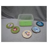 Hand-Painted Wood Slice Coaster Set with Bin