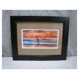 Framed Watercolor of Beach at Sunset
