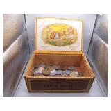 Small Cigar Box with Assorted Foreign Coins