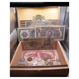 Cigar Box of Vintage Foreign Coins & Currency