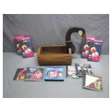 Wooden Swan Basket, CDs, and VHS Tapes