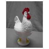 Milk Glass Rooster Covered Dish