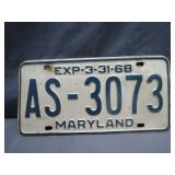 1968 Maryland License Plate AS-3073