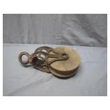 Large Wooden Pulley with Iron Housing