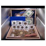 Cigar Box of Vintage US Coins & Currency