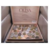 Cigar Box With Assorted Foreign Coins