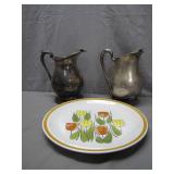 2 Metal Pitchers With Stoneware Plate