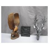 Wooden Eagle, Metal Stag Head, and Plaque Trio