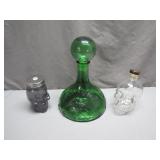Green Glass Decanter & Two Skull Bottles
