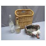 Wicker Basket w/ Bottles & Fabric Bowl
