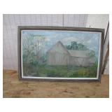 Rustic Barn Landscape Oil Painting in Frame