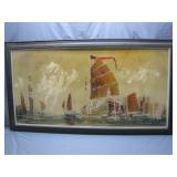 Framed Nautical Painting Depicting Sailboats