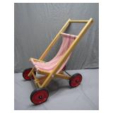 Wooden Toy Doll Stroller with Red Wheels