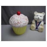 Ceramic Bear and Cupcake Cookie Jars