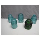 5 Antique Glass Insulators: Blue and Green