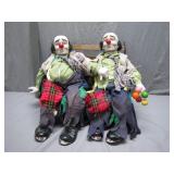 Handcrafted Sad Hobo Clown Figures on Bench