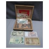 Cigar Box w/ Foreign Coins & Currency