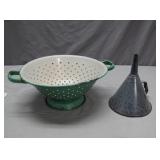 Green Colander and Gray Enamel Funnel