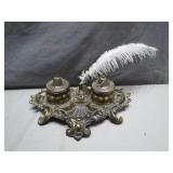 Ornate Double Inkwell With Feather Quill