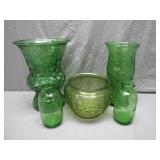 5 Green Embossed Glass Vessels
