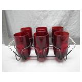 6 Red Glasses with Wire Holder