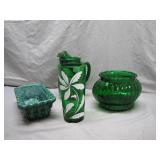 3 Green Glass Decorative Pieces