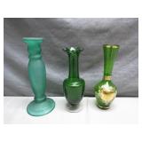 3 Green Glass Vases, Mixed Designs
