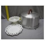 Mirro Cake Carrier With Two Milk Glass Pieces