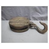 Wooden Pulley Block with Rusted Metal Hook