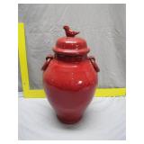 Red Ceramic Lidded Jar With Bird Finial