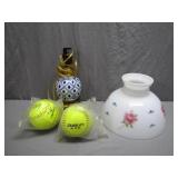 Lot: Floral Shade, Lamp, and Softballs