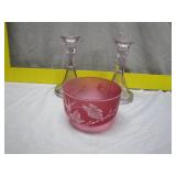 Etched Pink Bowl and Glass Candlesticks