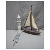 Wooden Sailboat and Lighthouse Wind Chime Set