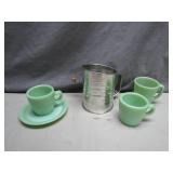Jadeite Cups, Saucer, and Metal Sifter Set