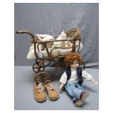 Rattan Doll Carriage With Porcelain Dolls