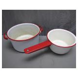 2 Enamelware Pots With Red Accents