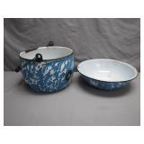 Blue Enamelware Pot and Bowl Set