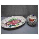 Hand-Painted Oval Platter & Asian Ceramic Jar