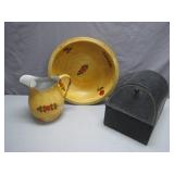 Decorative Basin, Pitcher, and Tin Bread Box