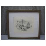 Framed Sketch Depicting Dock Scene