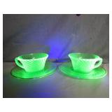 Uranium Glass Swirl Teacups & Saucers w/ Gold Trim