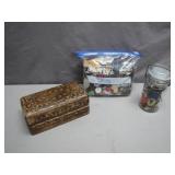 Vintage Lot with Buttons, Jar, and Wooden Box