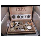 Cigar Box of Assorted Foreign Coins