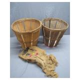 Two Wooden Baskets and Burlap Sack Set