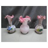 3 Pink Ruffled Art Glass Vases