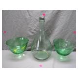 Green Depression Glass Bottle With Bowls